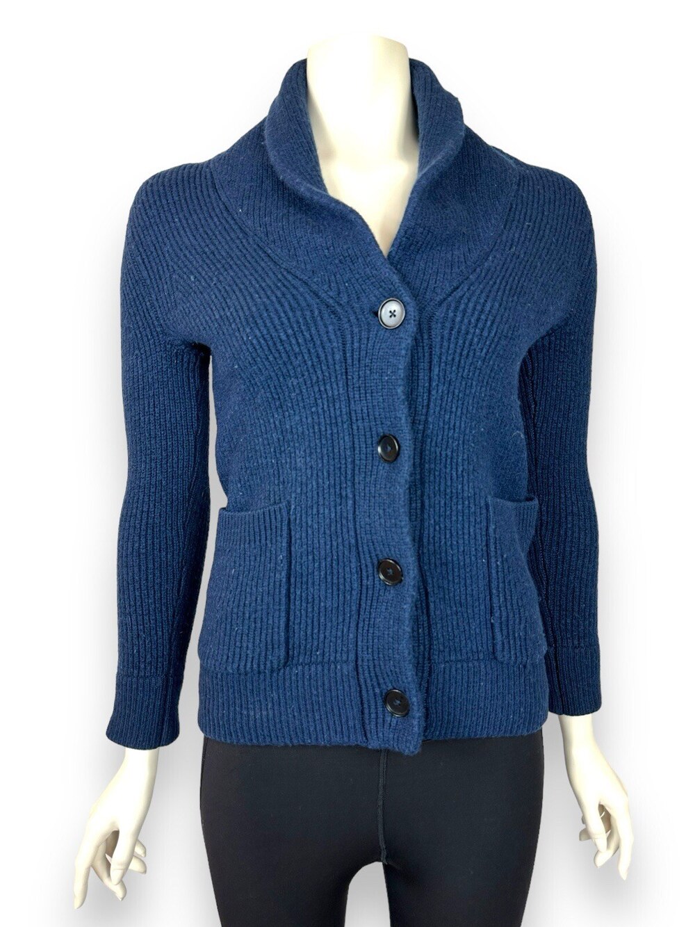 Everlane Cardigan Women's XS Navy Blue 100% Wool Thick Cable Knit Full Button Up